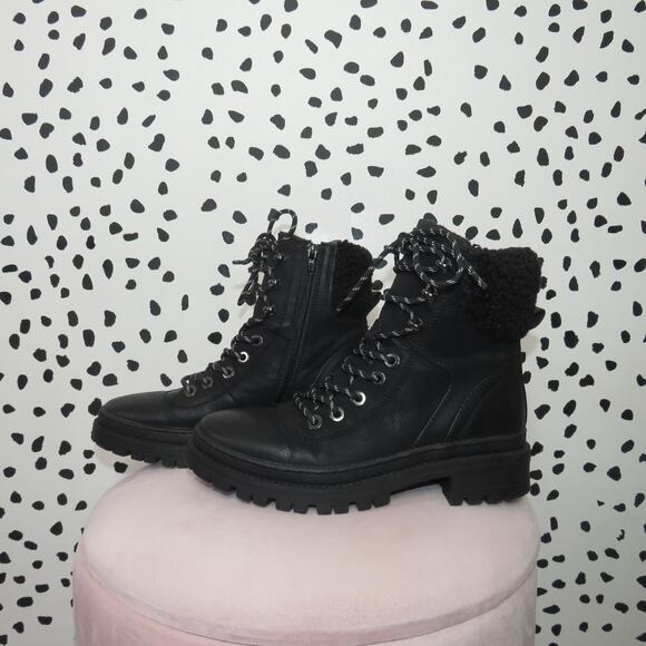 Steve Madden Black Keystone Lug Faux Fur Trim Hiker Boots - Picture 5 of 9